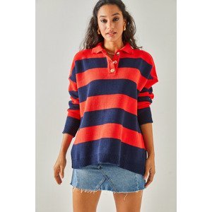 Olalook Women's Red Navy Blue Polo Neck Striped Buttoned Thick Knitwear Sweater