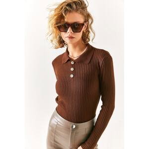 Olalook Women's Bitter Brown Gold Buttoned Polo Neck Ribbed Knitwear Sweater