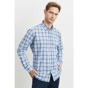 ALTINYILDIZ CLASSICS Men's White-blue Comfort Fit Relaxed Cut Button Collar Plaid Patterned Shirt
