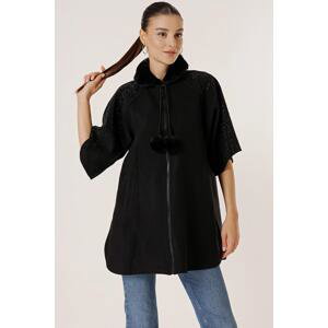 By Saygı Collar Furry Pompom Detailed Pocket And Sleeves Beaded Front Zippered Imported Cachet Poncho Coat