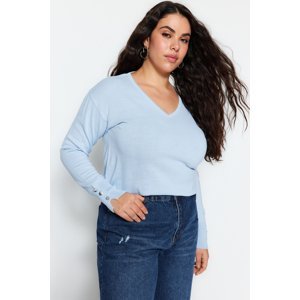 Trendyol Curve Baby Blue V-Neck Button Detailed Knitwear Sweater