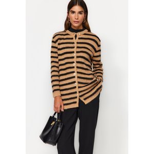 Trendyol Camel Striped Gold Button Detailed Soft Textured Knitwear Cardigan