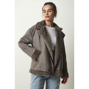 Happiness İstanbul Women's Gray Shearling Nubuck Coat