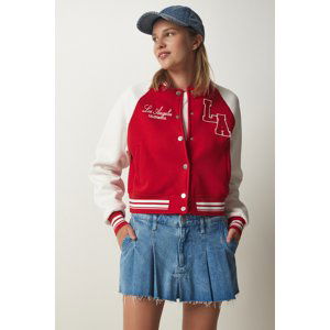 Happiness İstanbul Women's Red White College Bomber Sweatshirt Coat