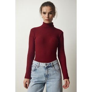 Happiness İstanbul Women's Burgundy Turtleneck Corduroy Knitted Blouse