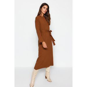 Trendyol Brown Belted Rib Knitwear Dress