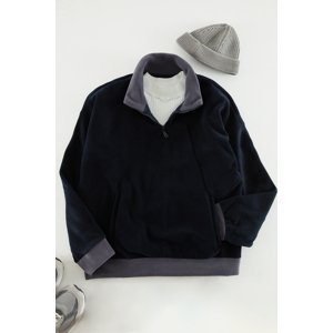 Trendyol Navy Blue Men's Oversize/Wide Fit Zipper Stand-Up Collar Color-blocking Pockets Thick Fleece/Plush Sweatshirt.