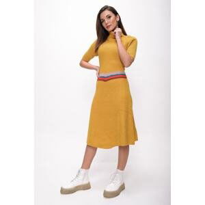 By Saygı Striped Waist Flared Knitwear Dress Mustard