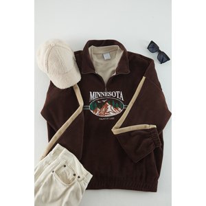 Trendyol Brown Unisex Plus Size Oversize Comfortable High Neck Zipper City Embroidered Fleece Sweatshirt