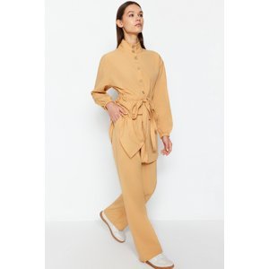 Trendyol Dark Beige Stand-Up Collar Belted Shirt-Trousers Woven Suit