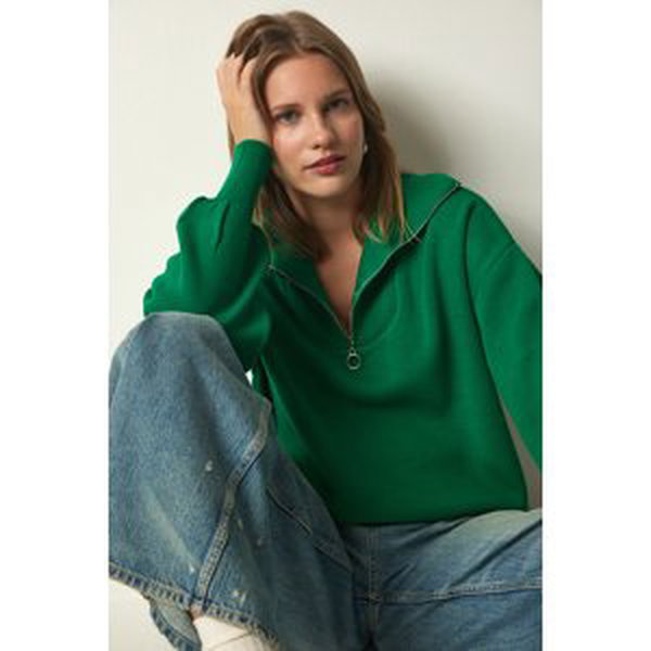 Happiness İstanbul Women's Dark Green Zipper Collar Basic Knitwear Sweater
