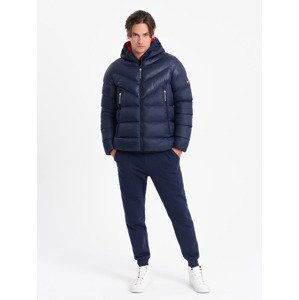 Ombre Men's winter quilted jacket of combined materials - navy blue