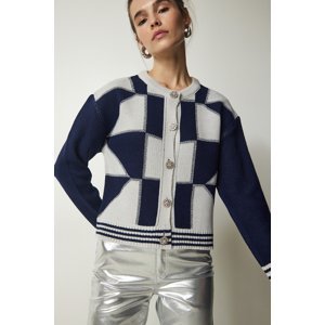 Happiness İstanbul Women's Cream Navy Blue Stylish Buttoned Patterned Knitwear Cardigan