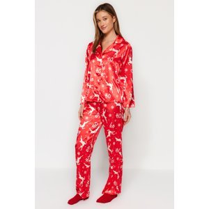 Trendyol Red New Year Themed Satin Shirt-Pants Woven Pajama Set