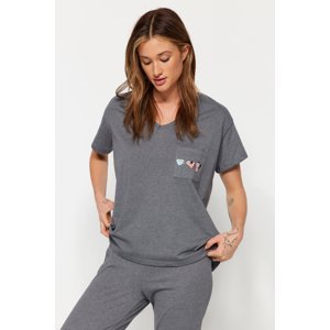 Trendyol Gray 100% Cotton Pocket Printed Wide Fit T-shirt-Pants Knitted Pajama Set