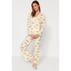 Trendyol Ecru 100% Cotton Tiger Patterned Shirt-Pants Knitted Pajama Set