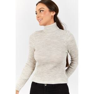 armonika Women's Beige Neck Corduroy Knitwear Sweater
