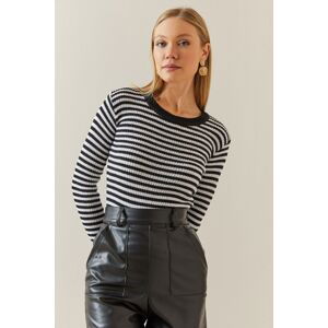 XHAN Black Striped Crew Neck Basic Sweater