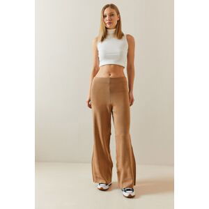 XHAN Camel High Waist Wide Leg Knitwear Trousers