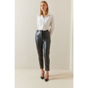 XHAN Black Leather Look Trousers with Slit Legs