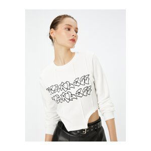 Koton Crop Asymmetric Cut Sweatshirt Raised Bodice Detail Printed