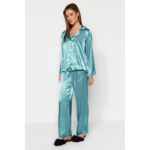 Trendyol Blue Satin Shirt-Pants Woven Pajama Set