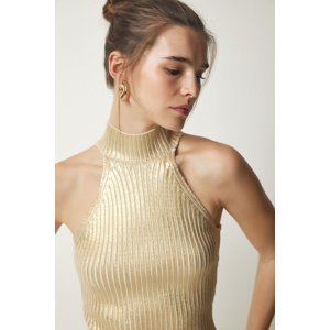 Happiness İstanbul Women's Metallic Yellow Halter Neck Ribbed Shiny Knitwear Blouse