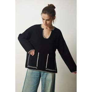 Happiness İstanbul Women's Black Stitching Detailed Pocket Knitwear Sweater
