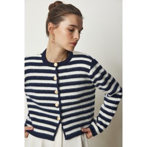 Happiness İstanbul Women's Navy Blue Metal Button Detailed Striped Knitwear Cardigan