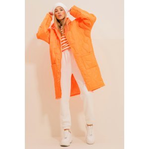 Trend Alaçatı Stili Women's Orange Double Pockets Front Double Zipper Hooded Long Puffer Coat