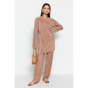 Trendyol Light Brown Self-Pleated Woven Top-Bottom Set