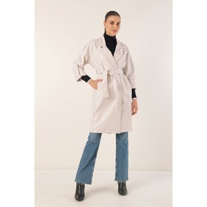 Bigdart 1034 Belted Faux Leather Trench Coat - Ecru