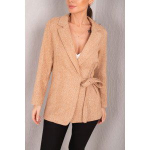 armonika Women's Camel Side Tie Herringbone Patterned Cachet Jacket