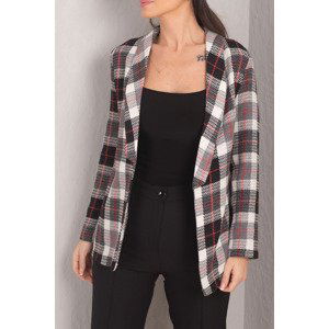 armonika Women's Black-Red Shawl Collar Plaid Pattern Tweed Jacket