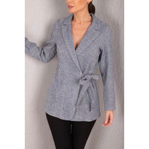 armonika Women's Dark Navy Blue Side Tie Herringbone Patterned Cachet Jacket