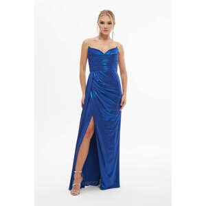 Carmen Saxe Blue Shiny Knitted Strapless Long Evening Dress