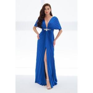 Carmen Saks Plisoley Long Evening Dress with Stone Waist and Low-cut Chest