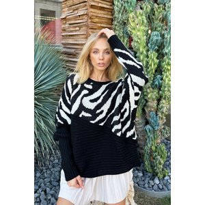 Trend Alaçatı Stili Women's Black Boat Neck Pattern Block Winter Sweater