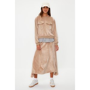 Trendyol Light Brown Velvet Shirt Detailed Knitted Skirt Bottom-Top Set