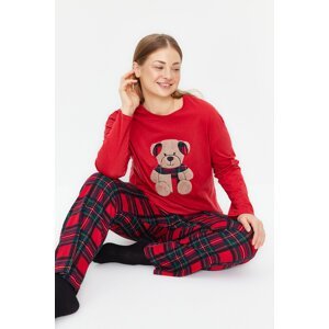 Trendyol Curve Red Teddy Bear Patterned Plaid-Checked Knitted Pajama Set