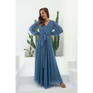 Carmen Indigo Chiffon Double Breasted Long Evening Dress