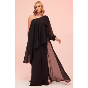 Carmen Black Single Sleeve Slit Plus Size Chiffon Evening Dress