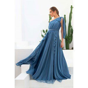 Carmen Indigo Chiffon One-Shoulder Long Evening Dress