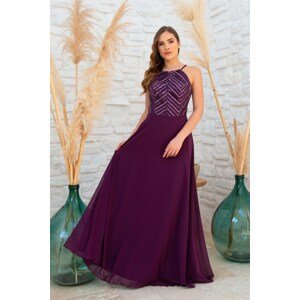 Carmen Sequined Long Evening Dress with Plum Straps