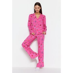 Trendyol Pink Viscose Ski Printed Shirt-Pants Woven Pajama Set