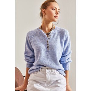 Bianco Lucci Women's Buttoned Collar Turtleneck Striped Knitwear Sweater
