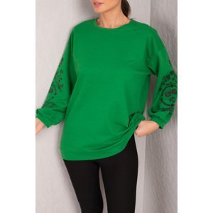 armonika Women's Dark Green Round Neck Embossed Sleeve Tunic