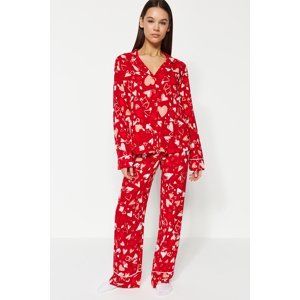 Trendyol Burgundy Heart Piping Detailed Viscose Shirt-Pants Woven Pajama Set