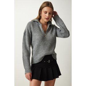 Happiness İstanbul Women's Gray Zipper Collar Knitwear Sweater