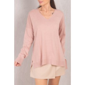 armonika Women's Pale Pink V-Neck Front Short Back Long Knitwear Sweater